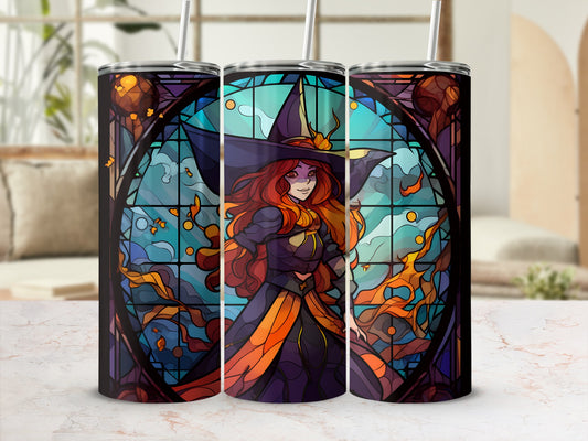 Witch with red hair in a stained glass design on a tumbler.