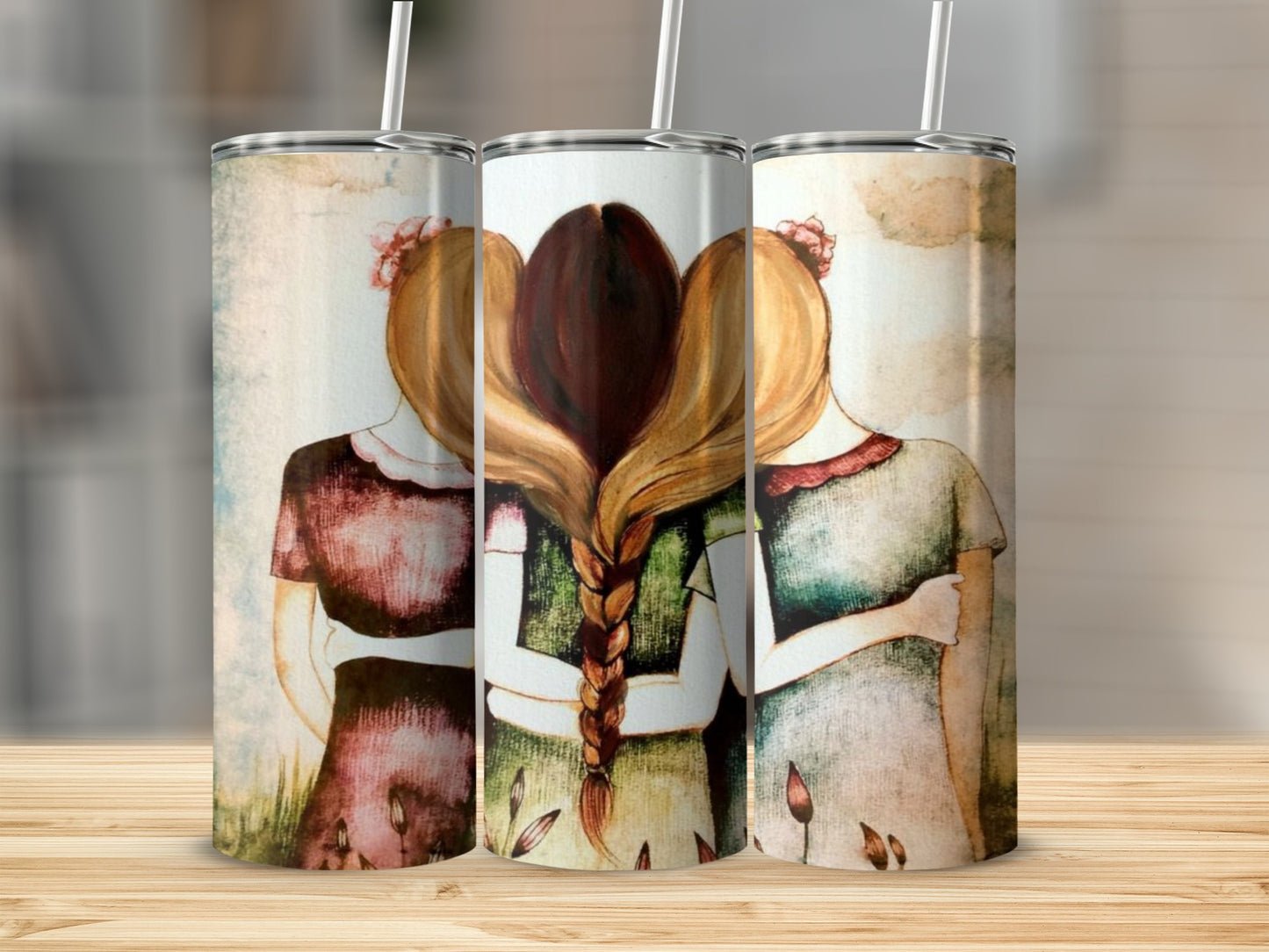 Whimsical Art Print Tumbler with Friends Embrace