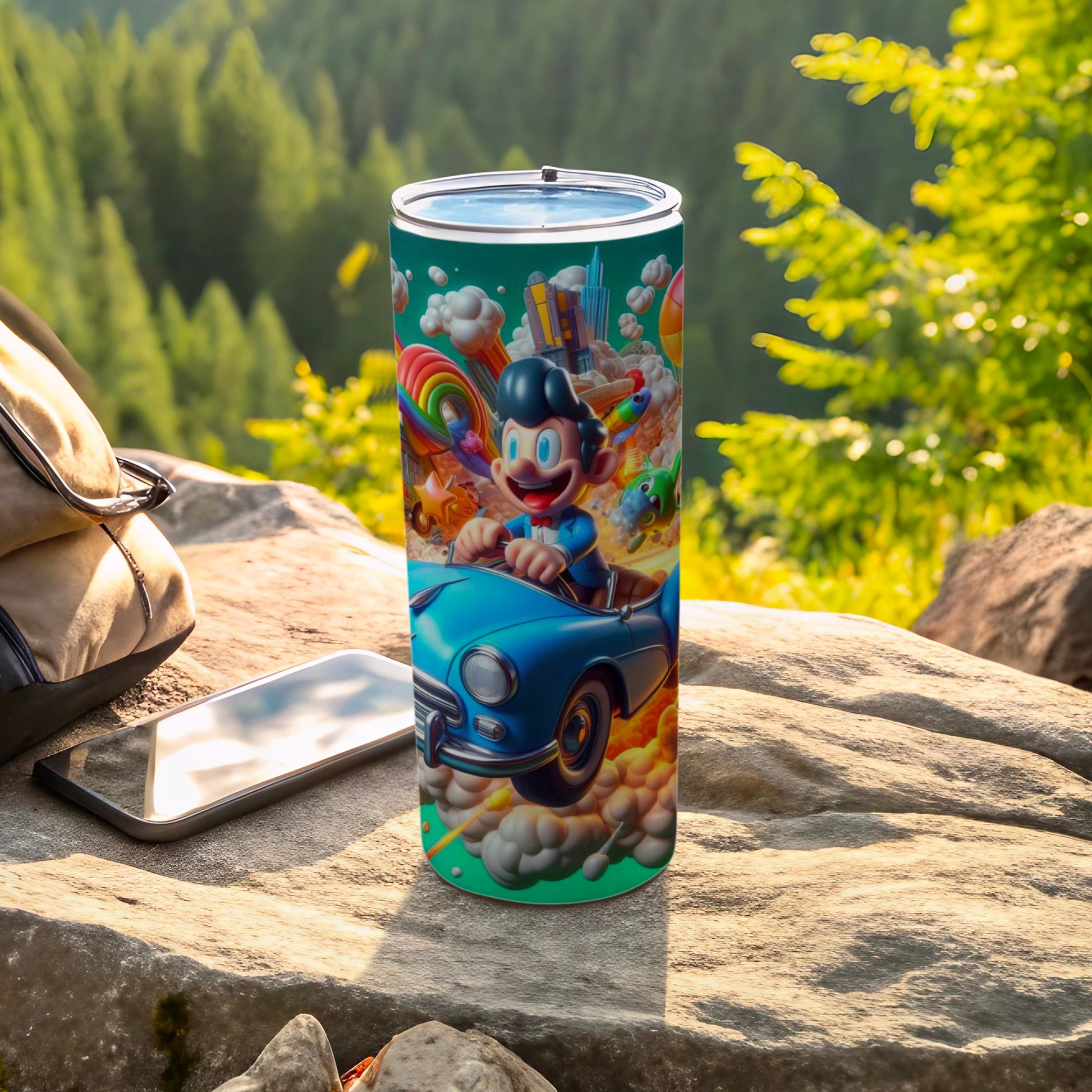 Vibrant Cartoon Character Driving on a Colorful Tumbler