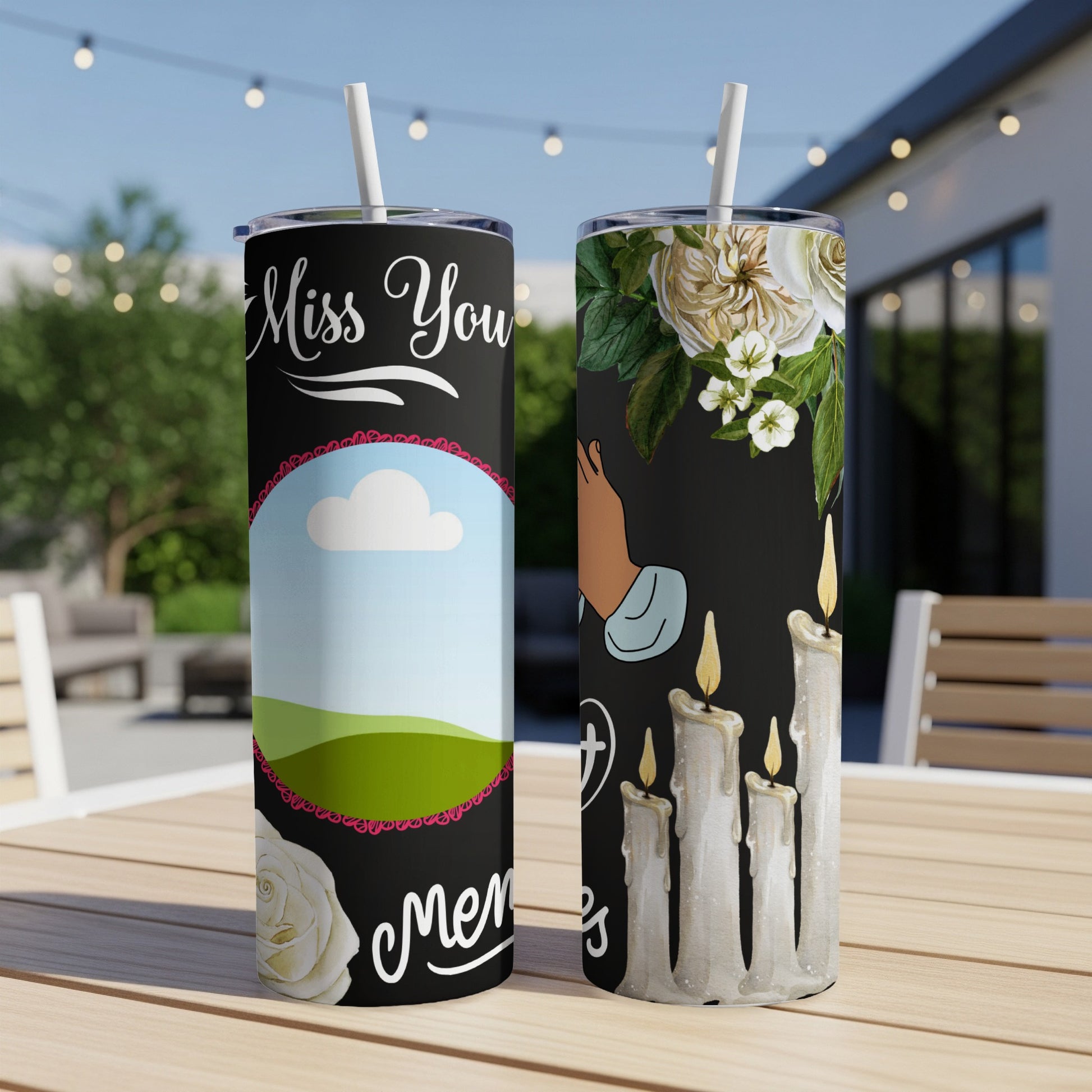 Black tumbler with "Miss You" and a landscape photo on one side, candles on the other.