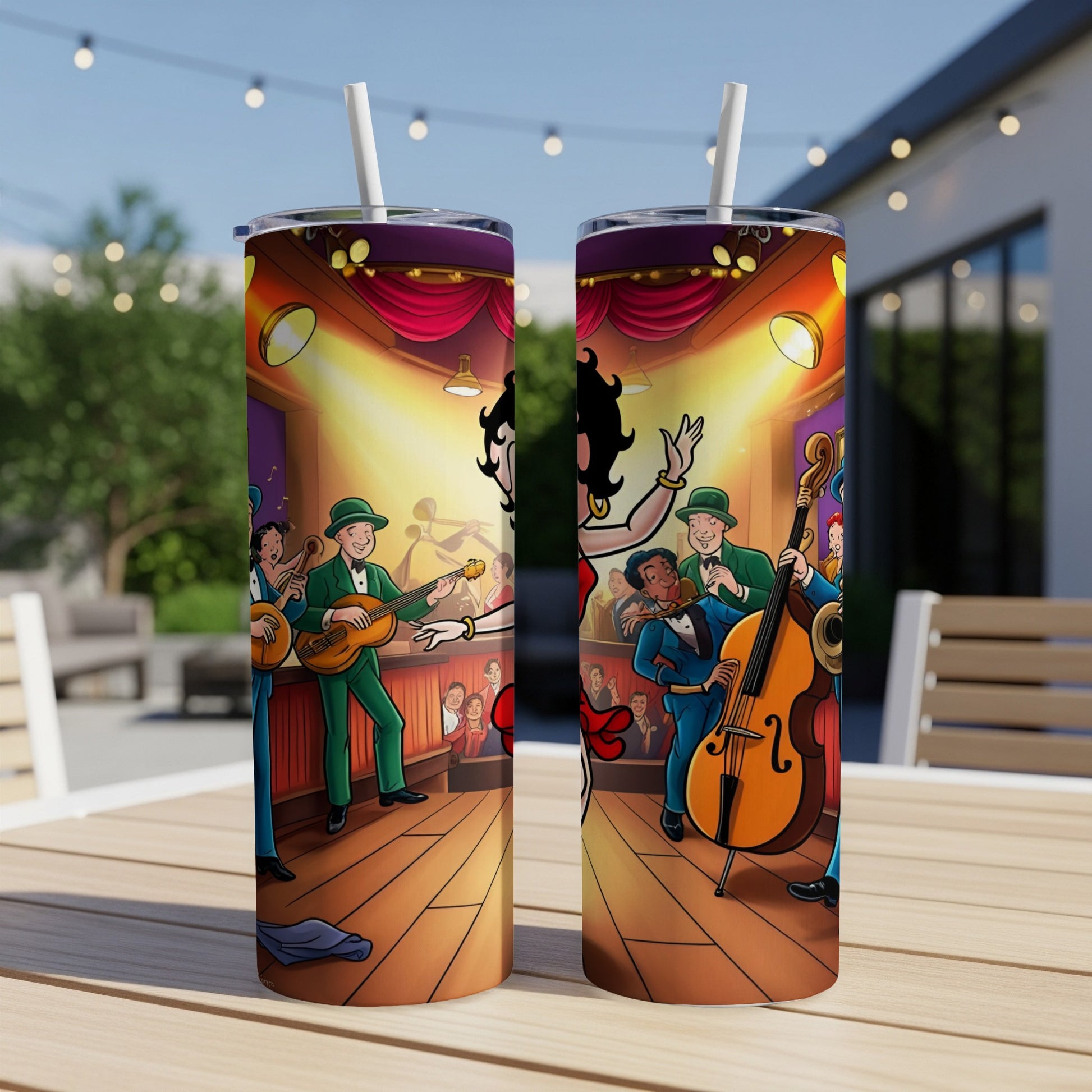Betty Boop band performs on stage with audience in colorful cartoon illustration.