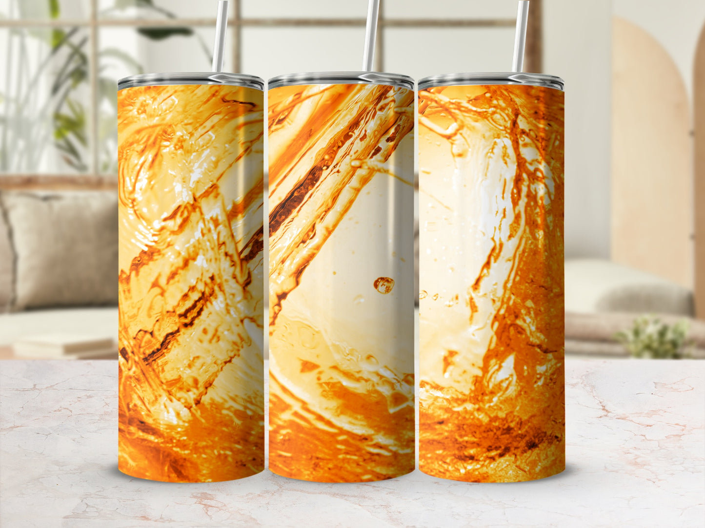 Three tumblers with a marbled orange and white abstract design.