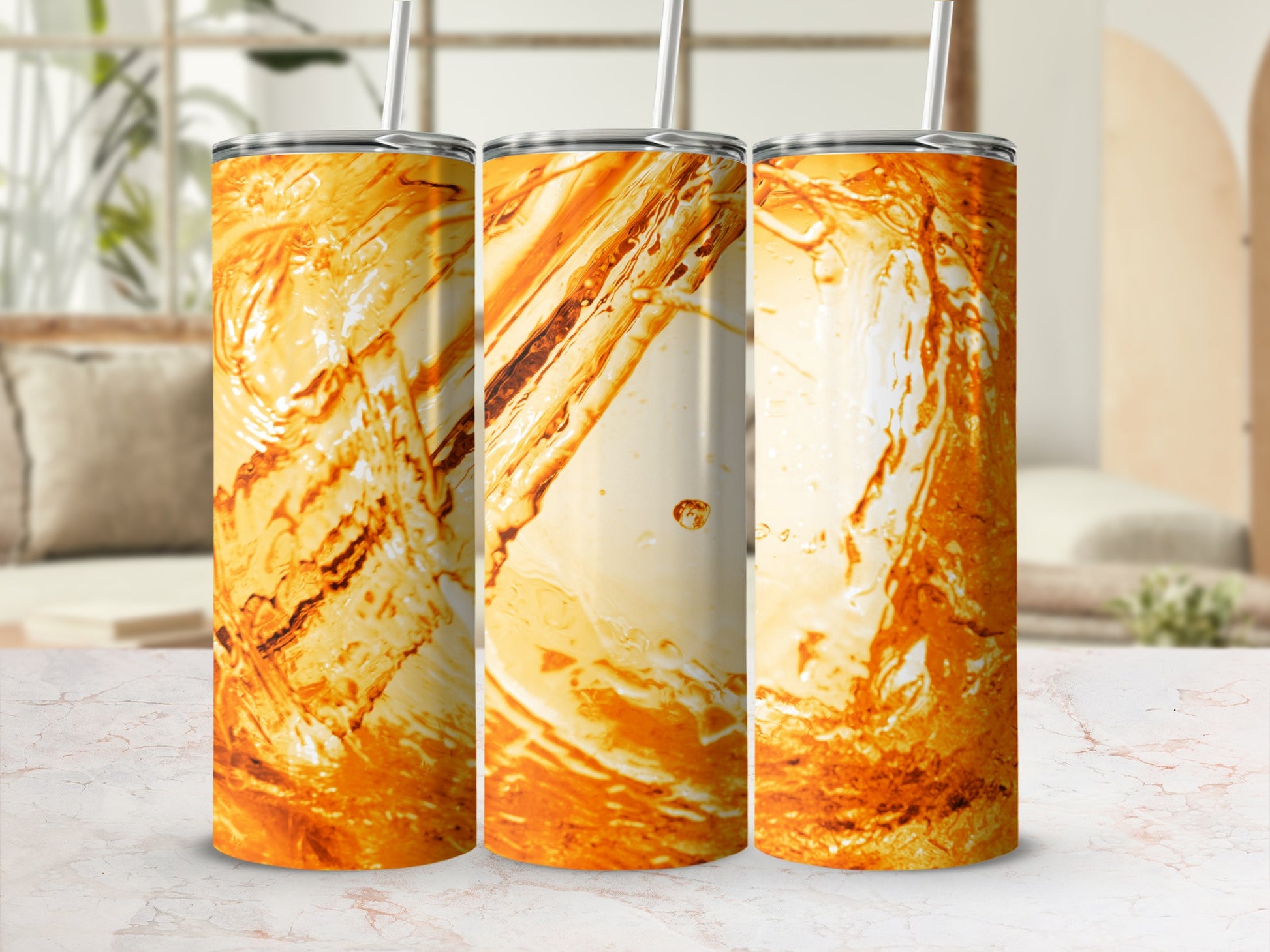 Three tumblers with a marbled orange and white abstract design.