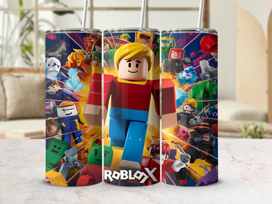 Roblox character tumbler with colorful game scenes and Roblox logo.