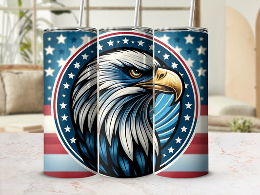 Three tumblers featuring a bald eagle against a patriotic star and stripe design.