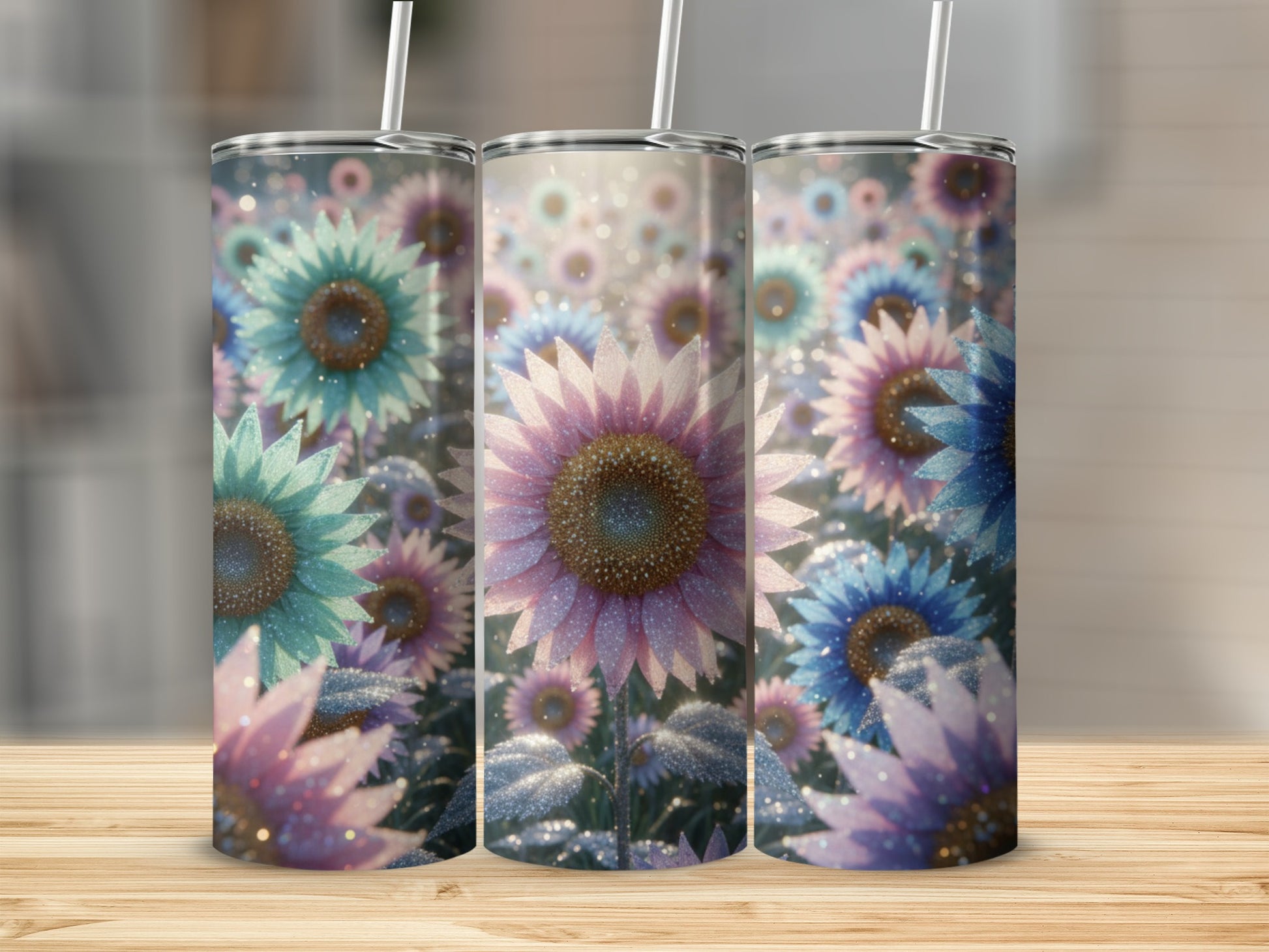 Sparkling Sunflower Tumbler with Straw for a Magical Touch