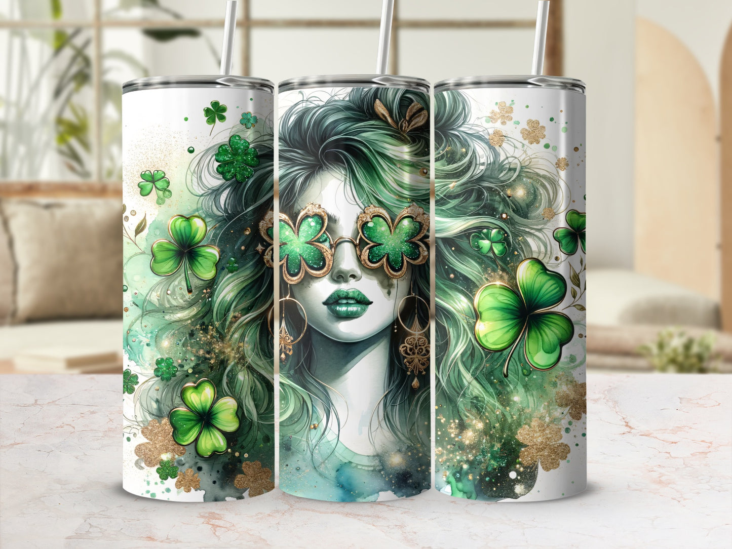 Triptych of tumblers featuring a woman with green hair and shamrock sunglasses.