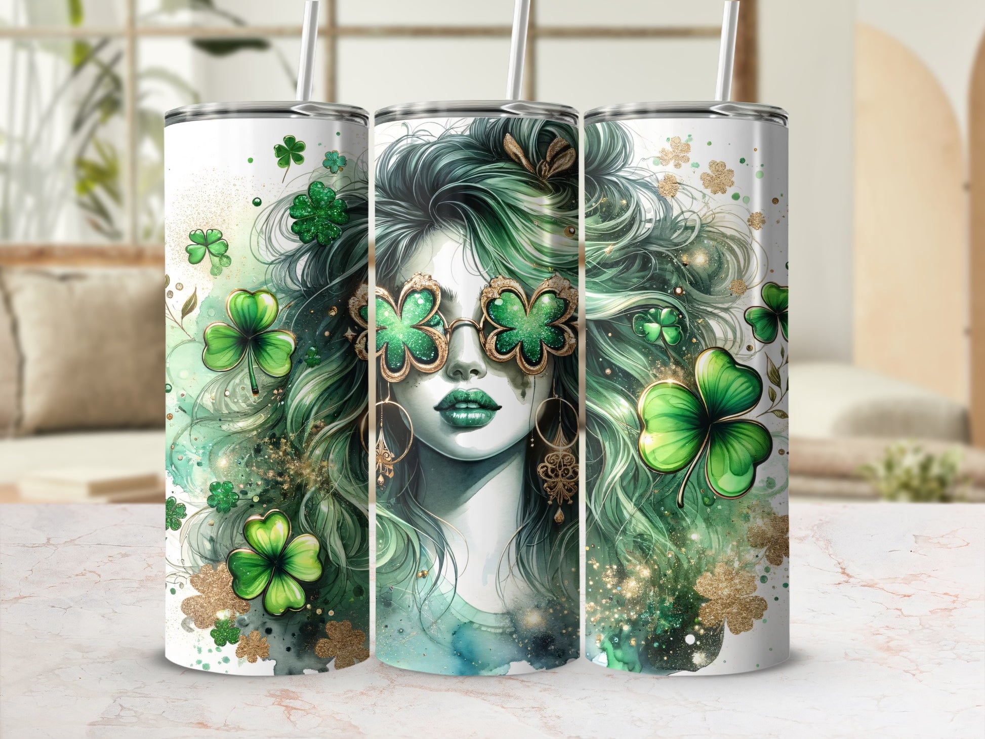 Triptych of tumblers featuring a woman with green hair and shamrock sunglasses.
