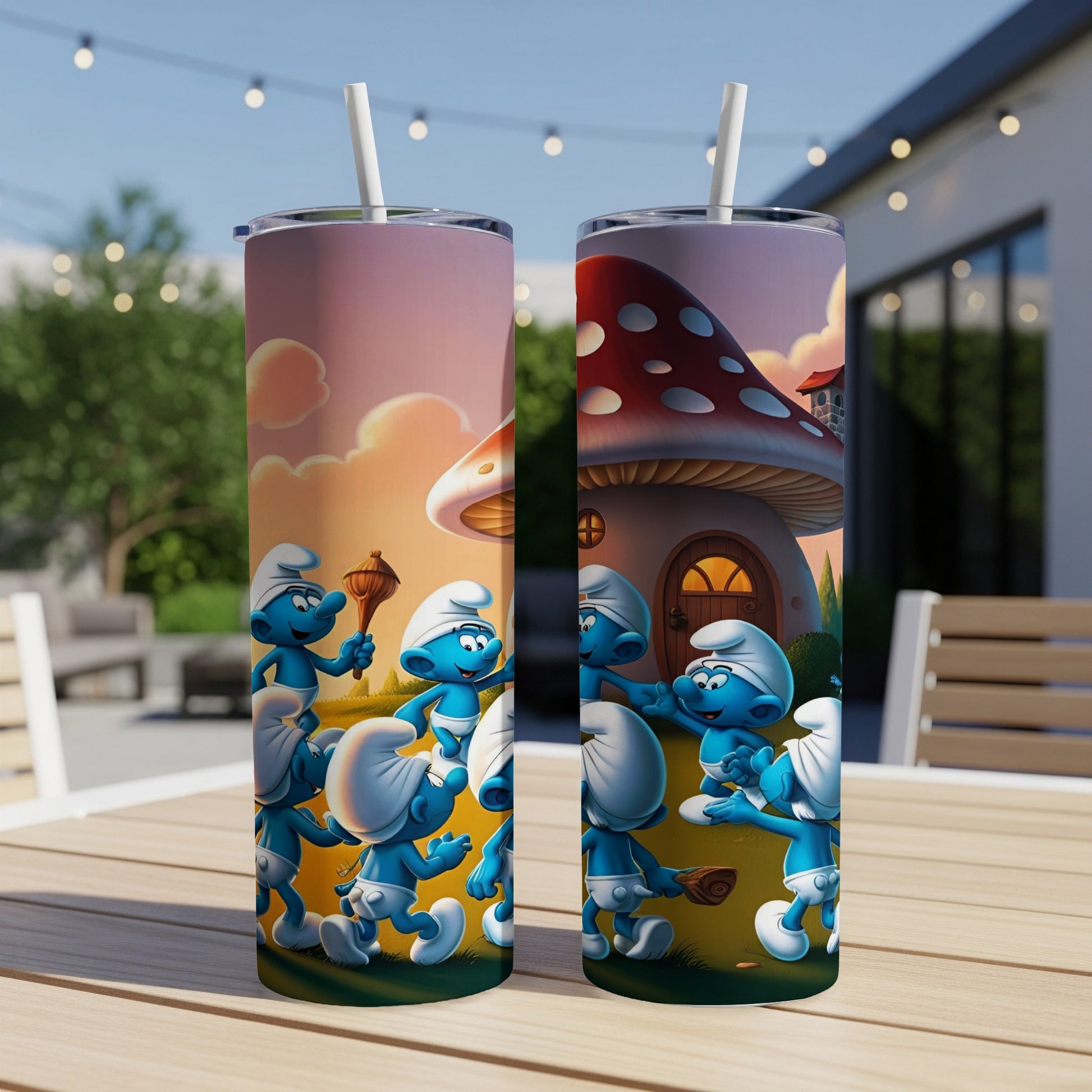 Smurfs celebrating outside a mushroom house, rendered on two tumblers.