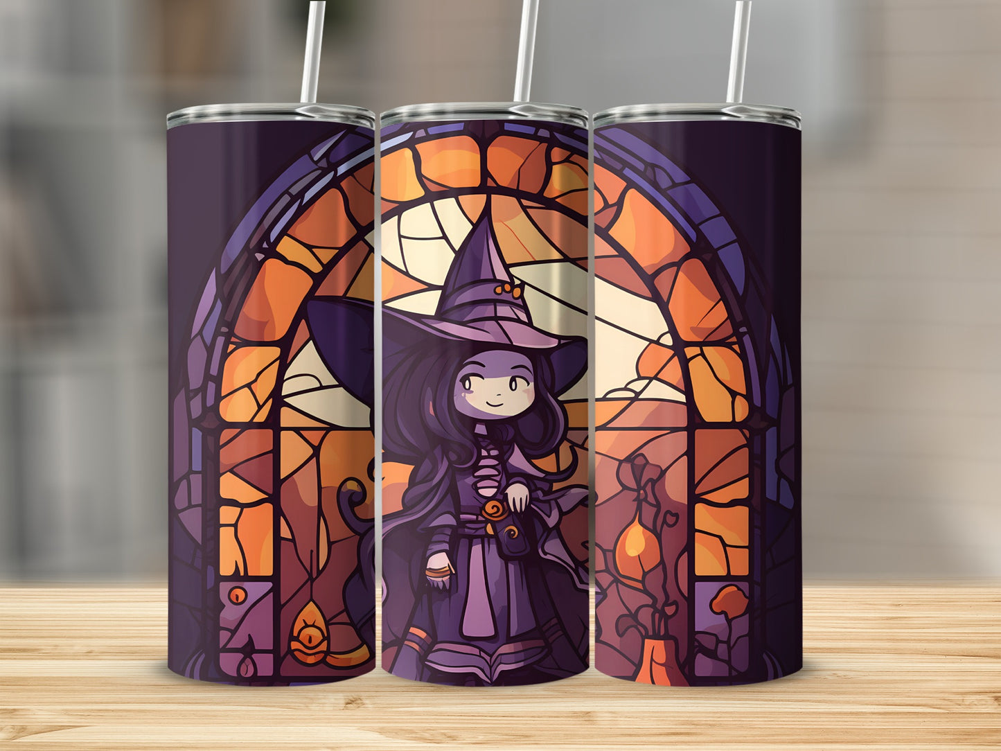 Purple witch and stained glass window design on a tumbler.