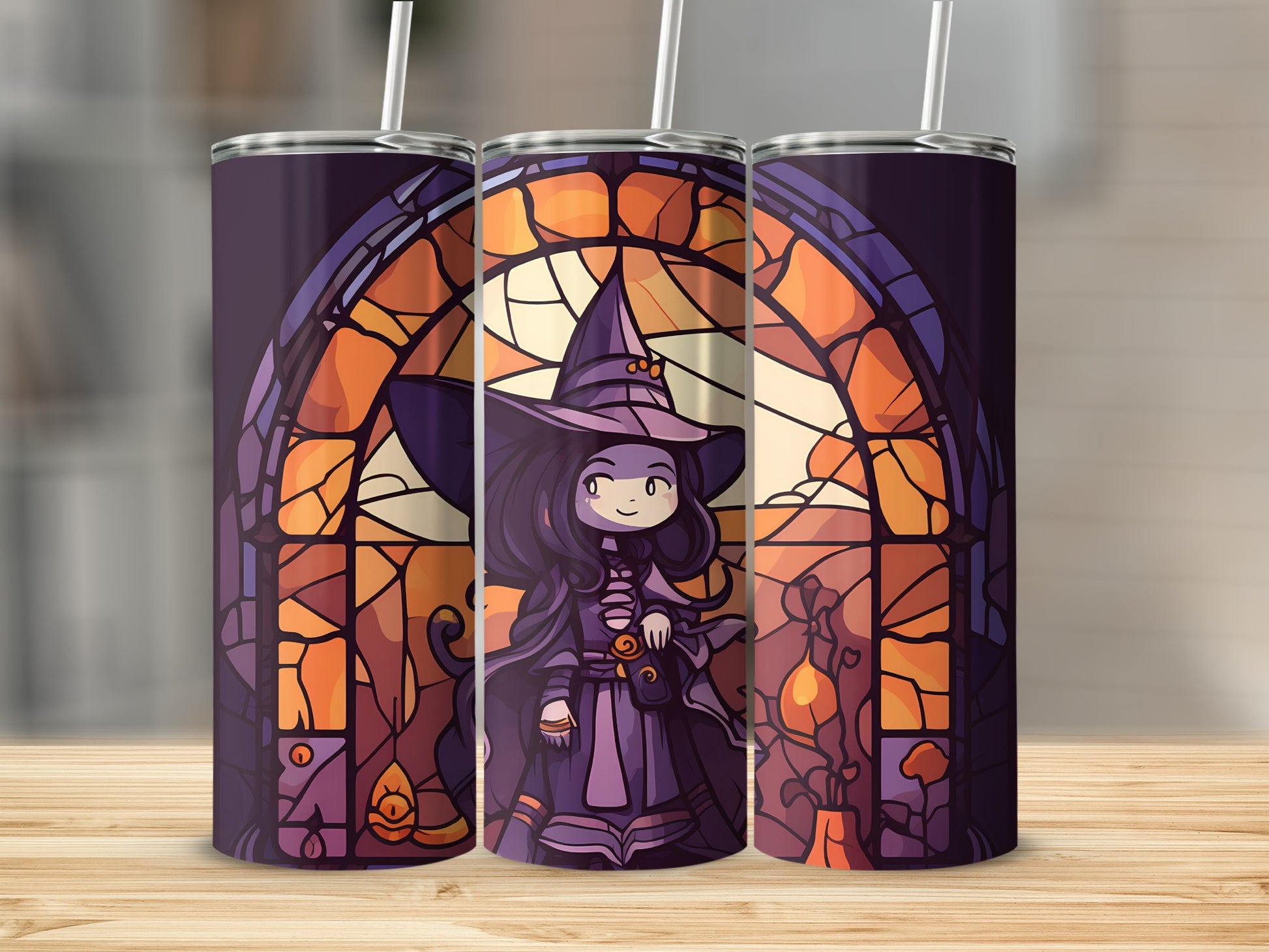 Purple witch and stained glass window design on a tumbler.