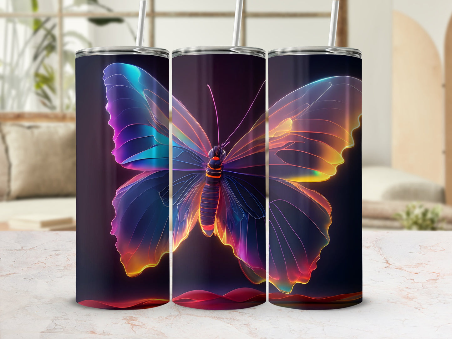 Rainbow butterfly on a dark background, displayed on a tumbler.