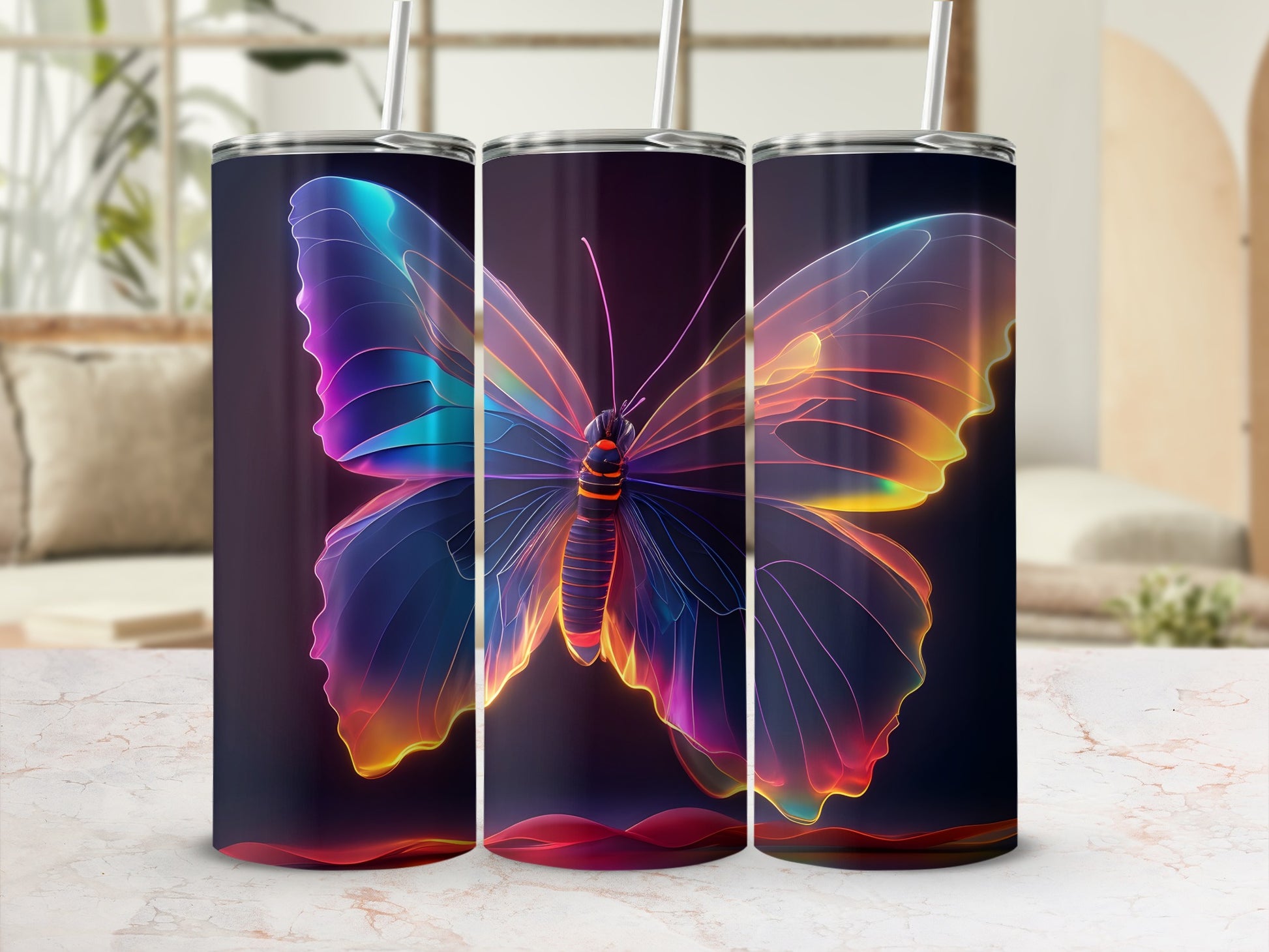 Rainbow butterfly on a dark background, displayed on a tumbler.