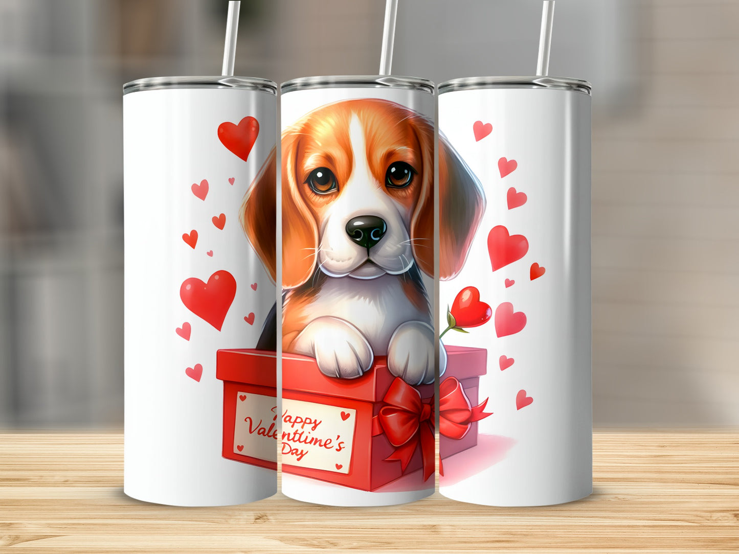 Beagle puppy in gift box with Valentine's Day hearts and text.