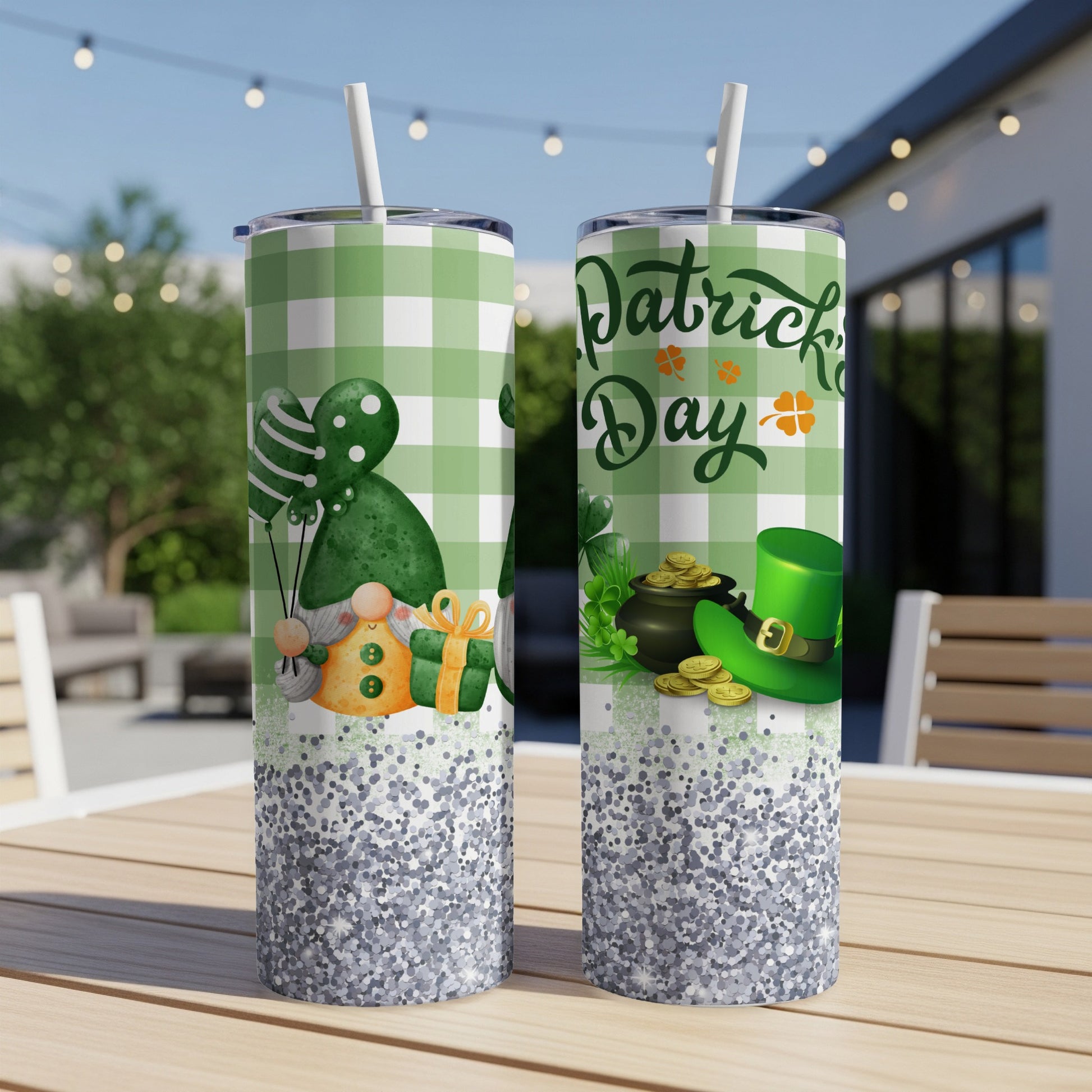 St. Patrick's Day tumbler with gnome, shamrocks, and pot of gold.