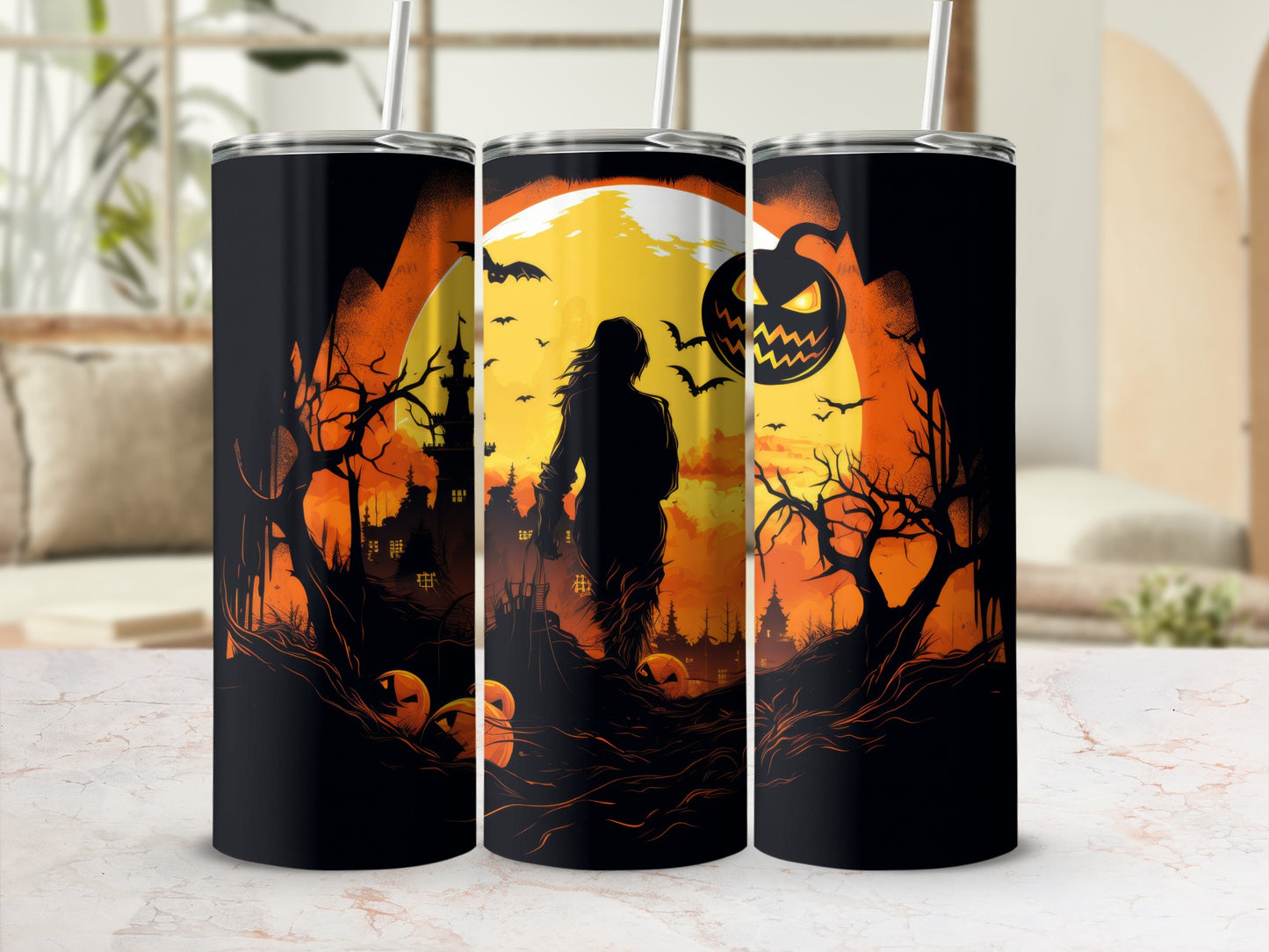 Three tumblers with a Halloween scene featuring pumpkins, bats, and a silhouette against a full moon.