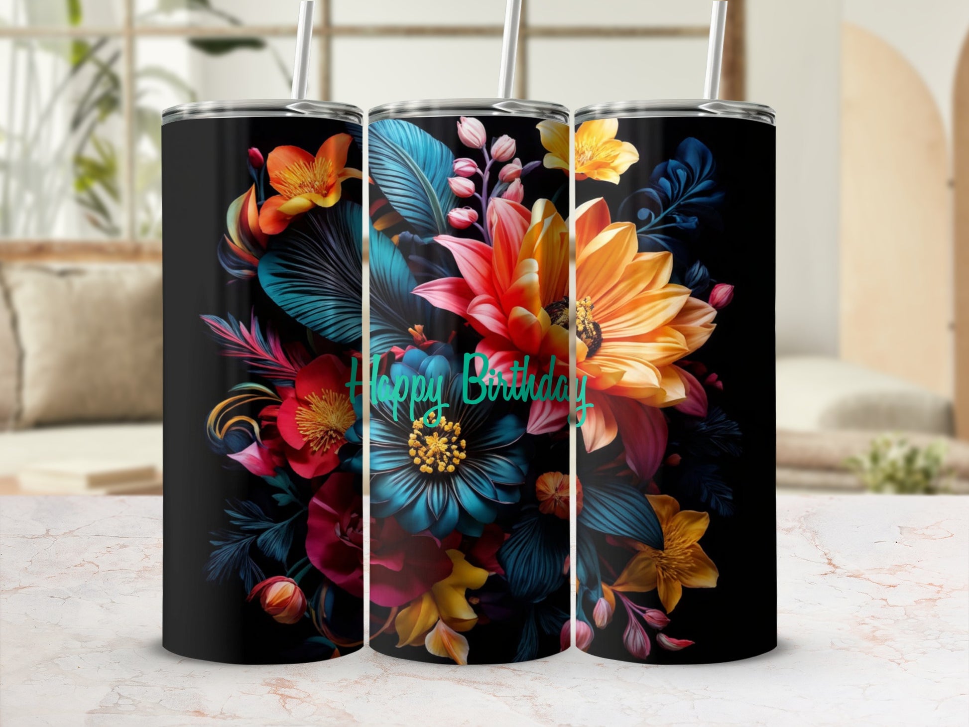 Black tumbler with vibrant floral design and "Happy Birthday" text.