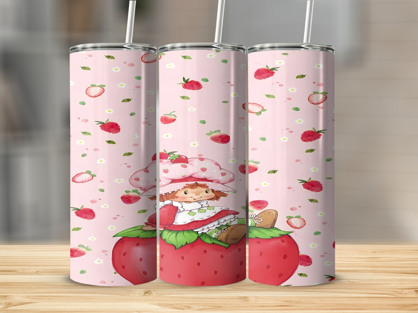 Strawberry Shortcake illustration on pink background with strawberries and flowers.