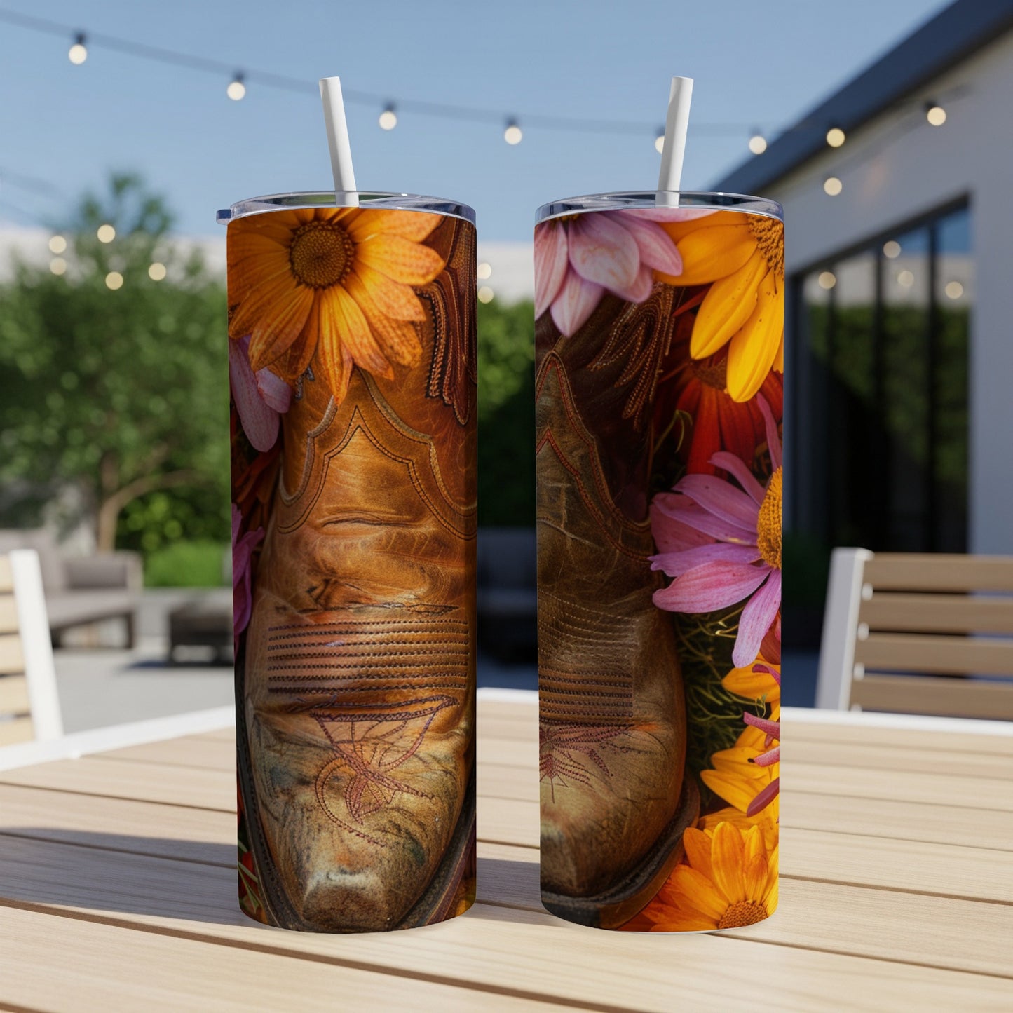 Brown leather cowboy boot with floral accents on a tumbler.