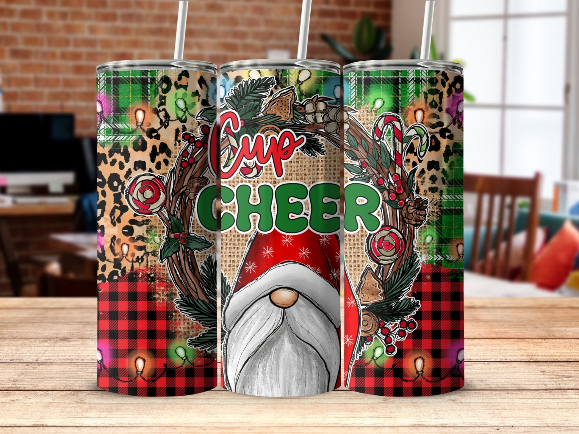 Red buffalo plaid and leopard print tumbler with gnome, wreath, and "Cup Cheer" text.