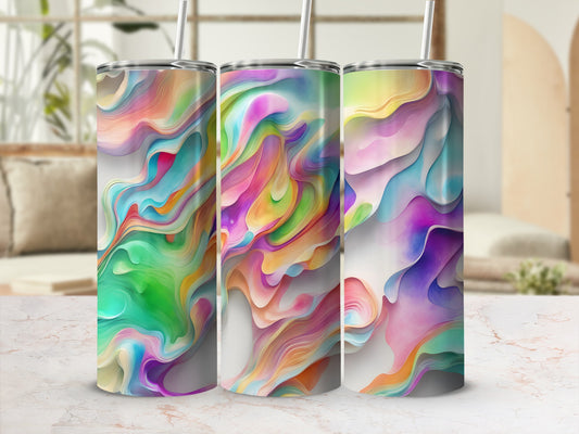 Three tumblers with colorful abstract watercolor-style designs.