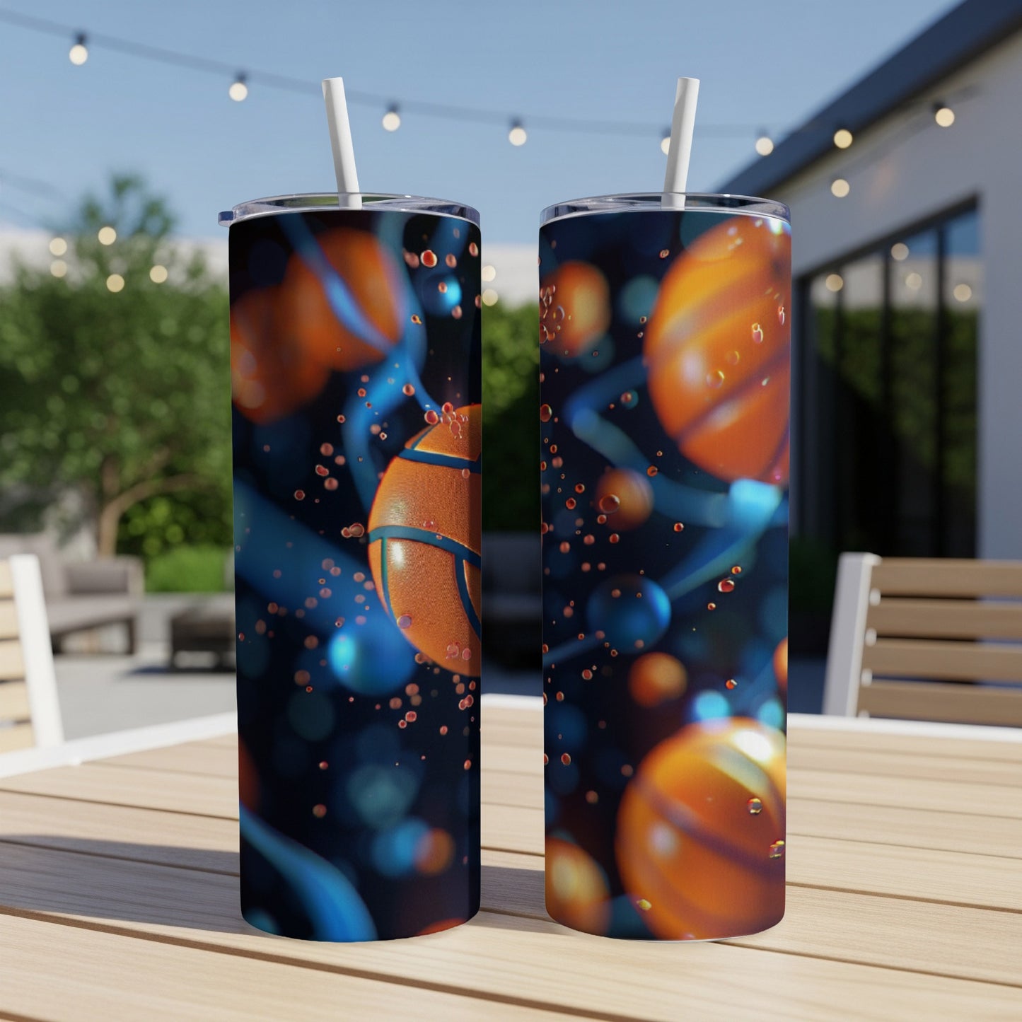 Two basketball tumblers with a dark, abstract background and floating spheres.