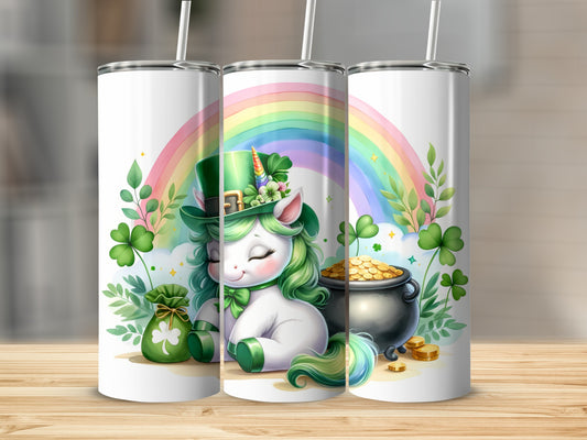 Unicorn in a leprechaun hat with rainbow, shamrocks, pot of gold, and coins.