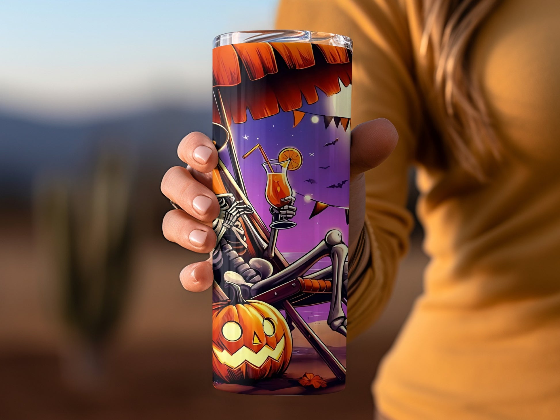Skeleton Relaxing With Pumpkin Halloween Tumbler