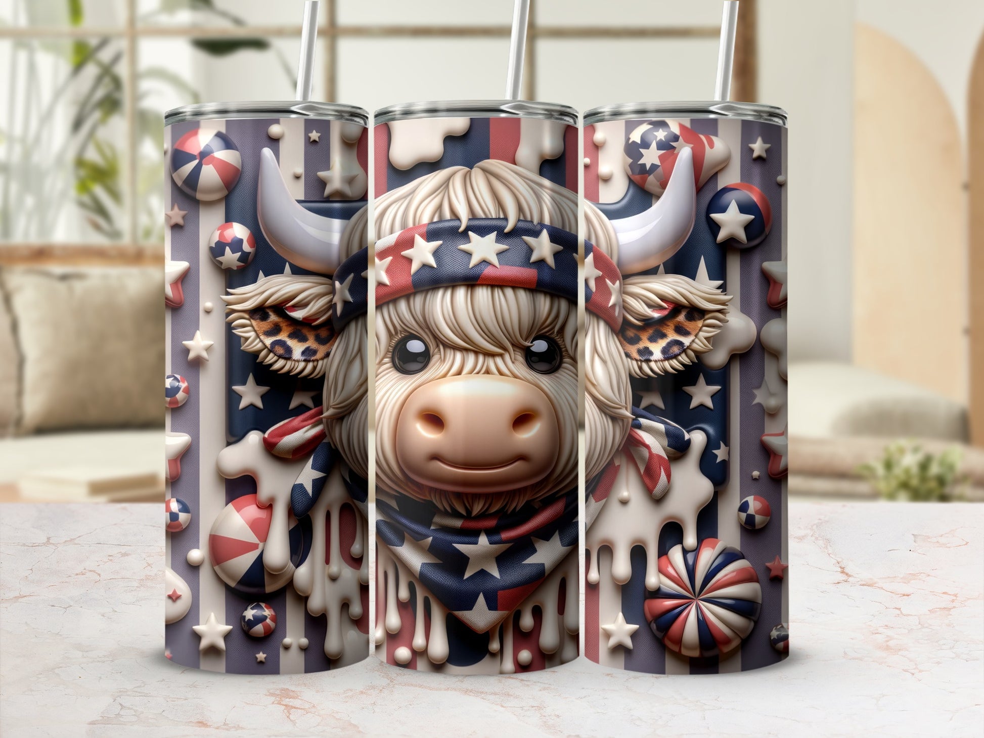 Cow with bandana and patriotic stars, dripping paint design on tumbler.