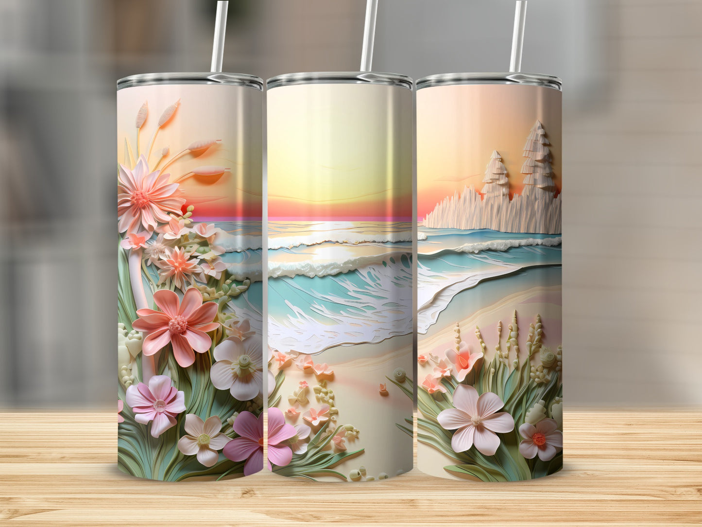 Pastel Beach Sunset Flowers 3D Layered Ocean Tumbler product type