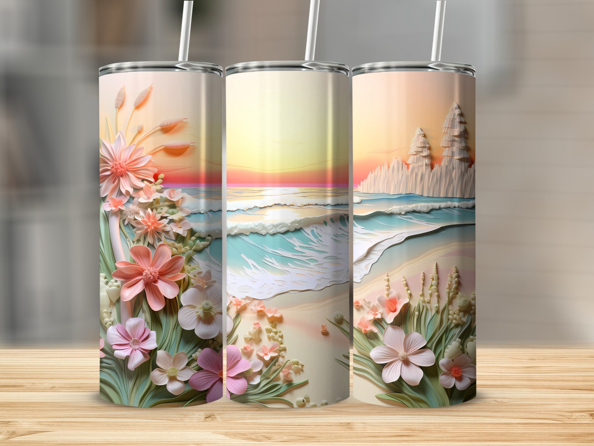Pastel Beach Sunset Flowers 3D Layered Ocean Tumbler product type