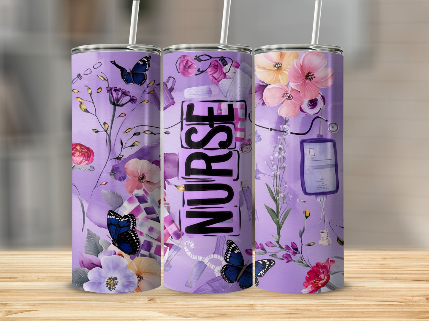 Purple tumbler with "NURSE" text and floral butterfly designs.