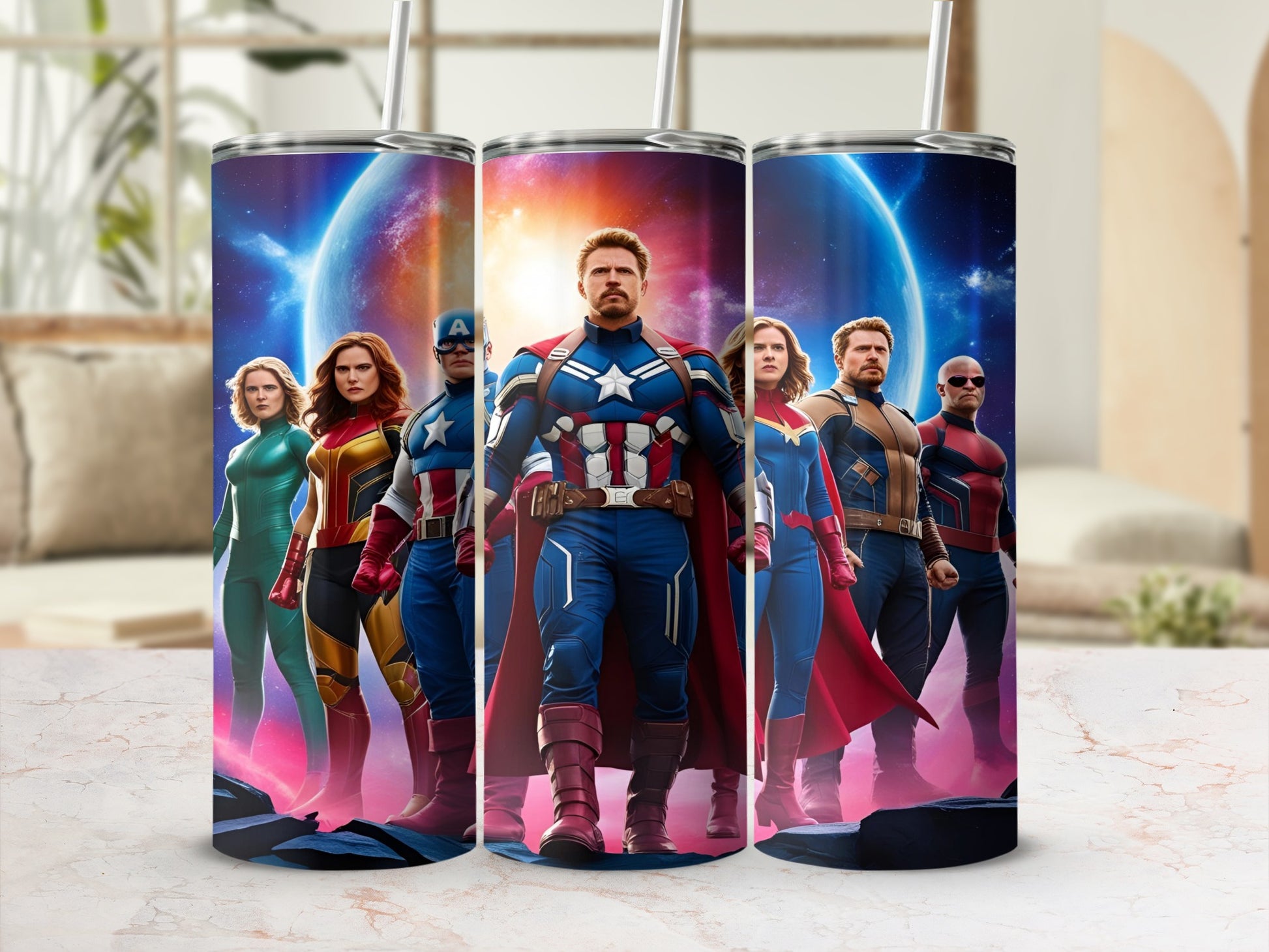 Marvel's Avengers characters Captain America, Captain Marvel, Iron Man, Thor, and Black Widow standing.