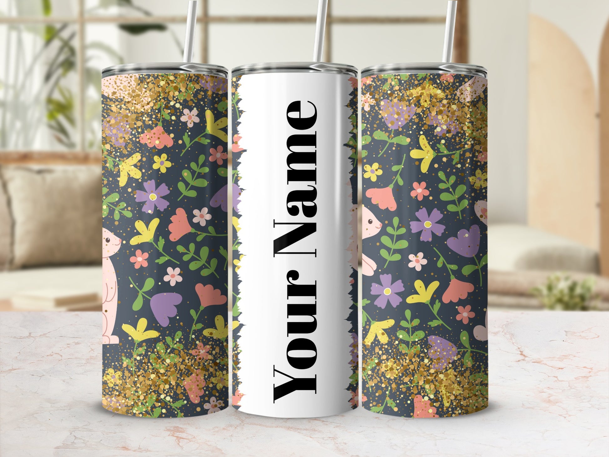 Personalized Glitter Floral Design Tumbler Cup