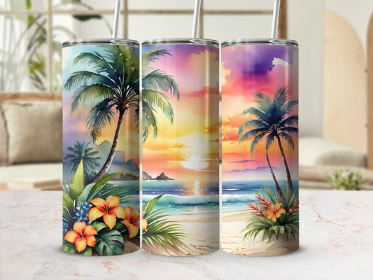 Tropical sunset with palm trees and ocean on three tumblers.