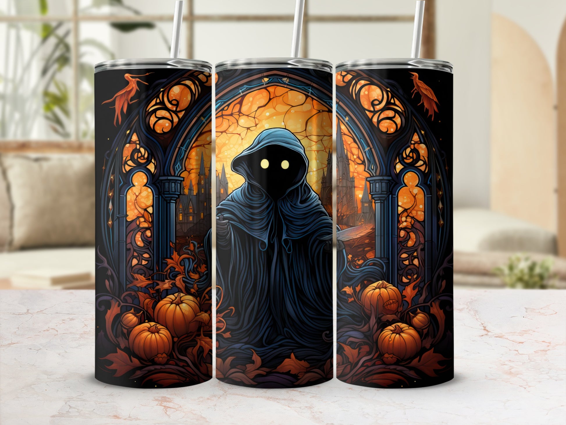 Halloween tumbler with hooded figure, pumpkins, and ornate stained-glass design.