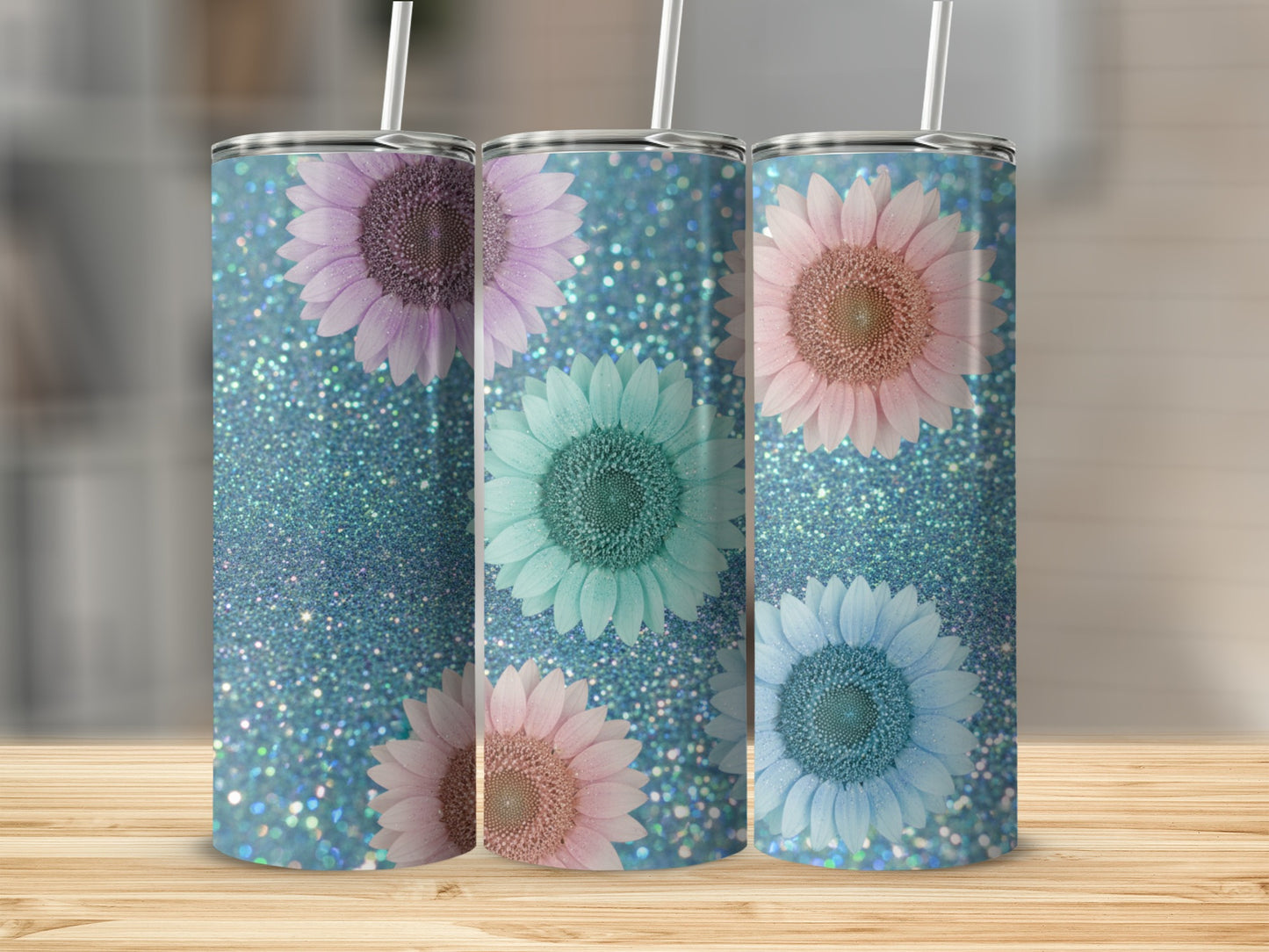 Floral Glitter Design Insulated Drink Tumbler