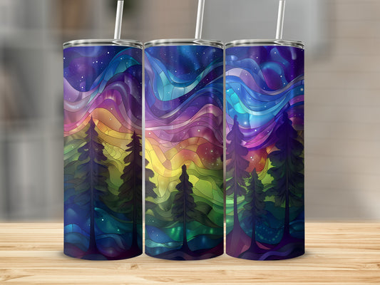 Three tumblers with a colorful stained-glass forest and night sky design.
