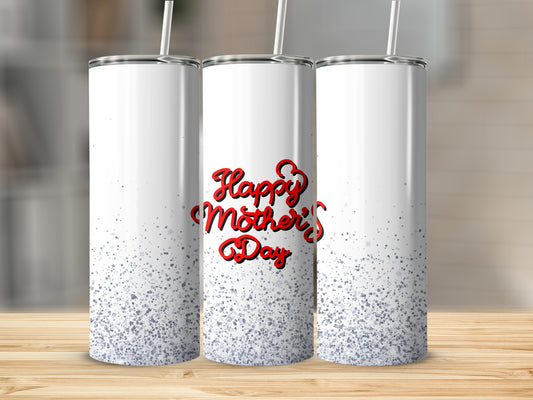 Three tall white tumblers with "Happy Mother's Day" text and glitter design.