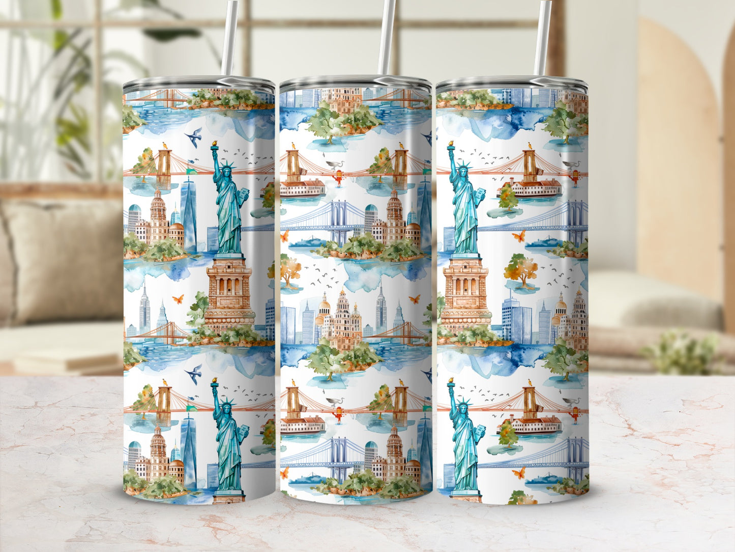 Three tumblers featuring a repeating New York City skyline watercolor pattern.