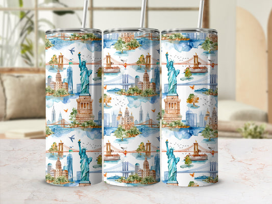 Three tumblers featuring a repeating New York City skyline watercolor pattern.