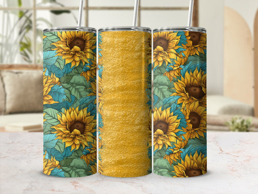Three tumblers with sunflower and leaf pattern and a textured yellow design.