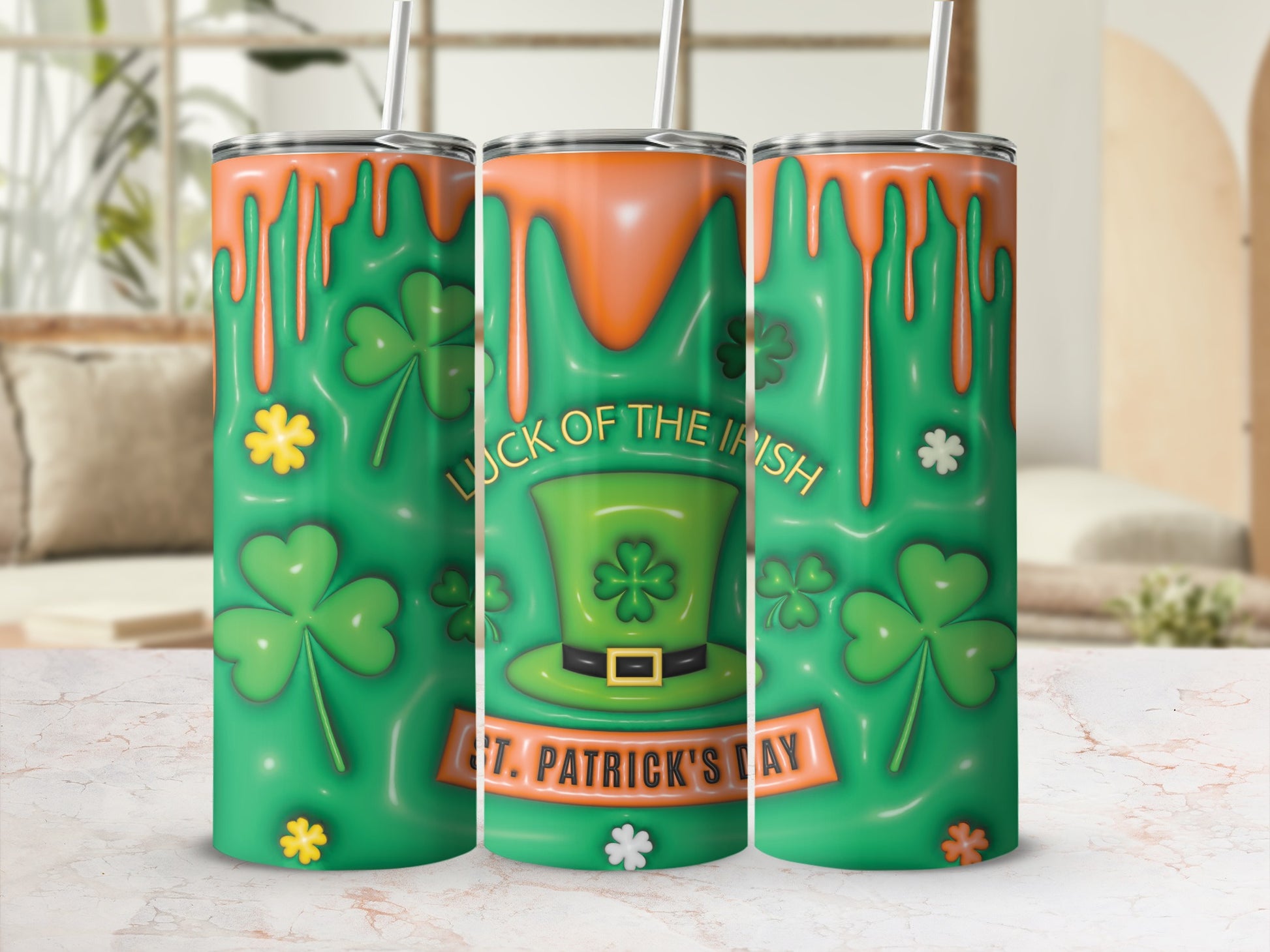 Green tumbler with shamrocks, a top hat, and "Luck of the Irish, St. Patrick's Day" text.