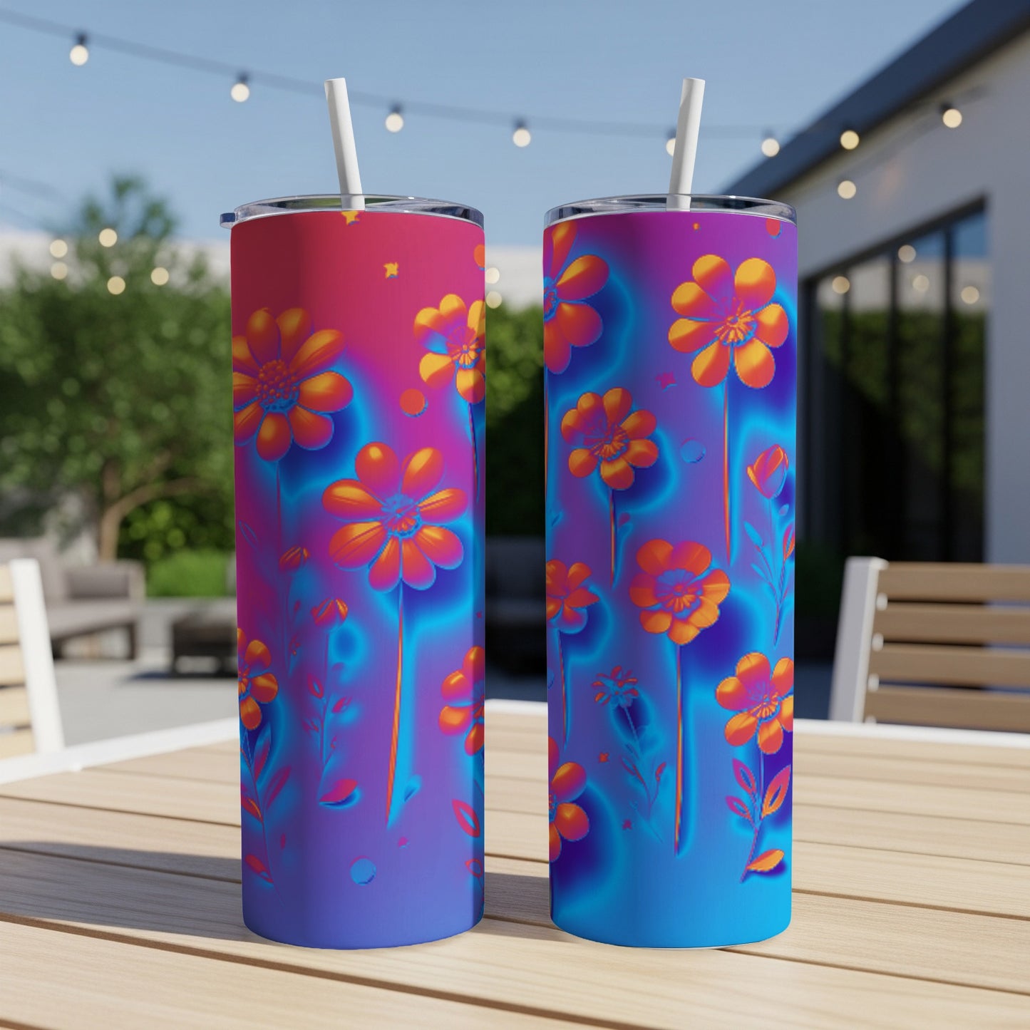 Two tumblers with floral designs in neon blue, pink, and orange hues.