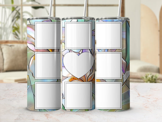 Collage of blank square frames and one heart frame on a colorful stained-glass background.