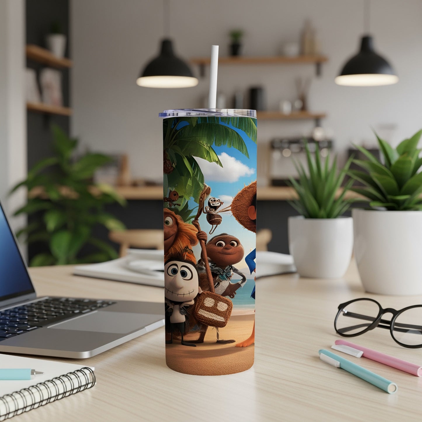 Funnily dressed cartoon characters on a beach mug with a straw.