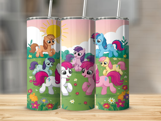 Three tumblers with colorful ponies, flowers, and a sunny sky.