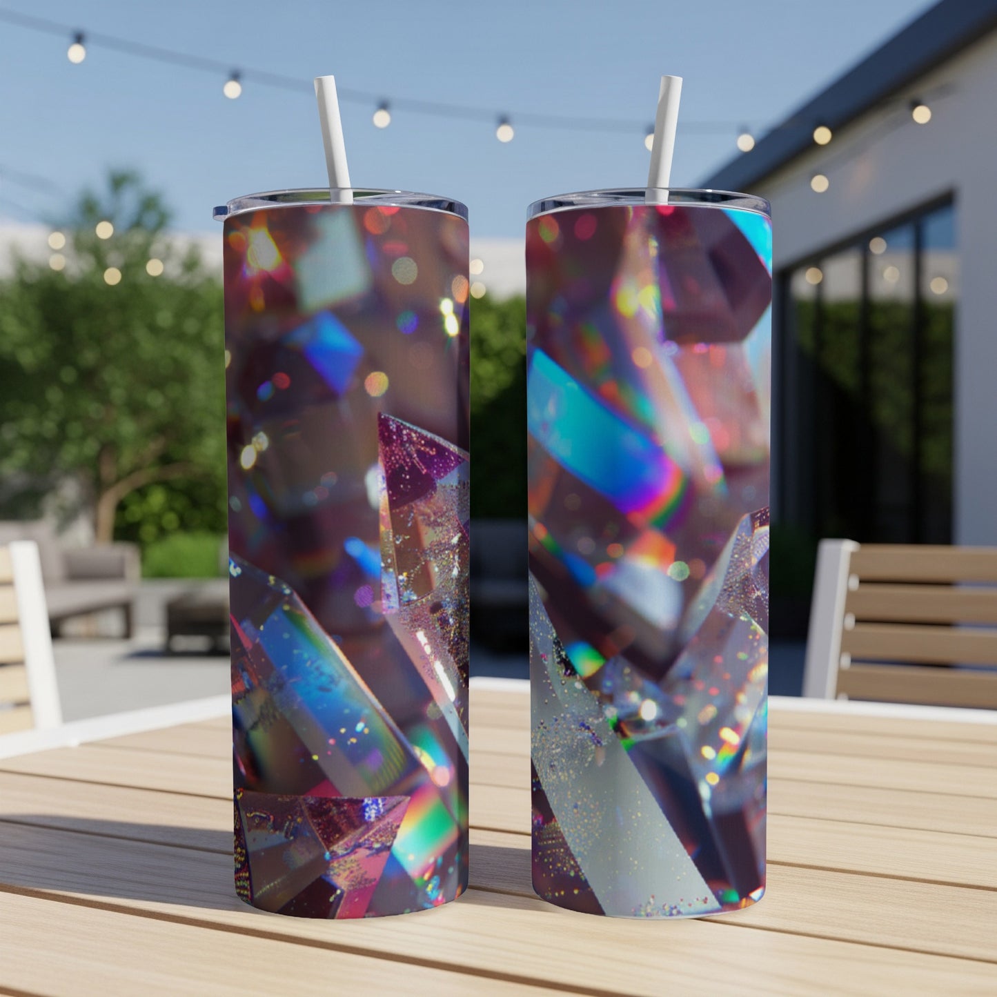 Two tall tumblers with a colorful, faceted gem pattern sit on a wooden table outdoors.