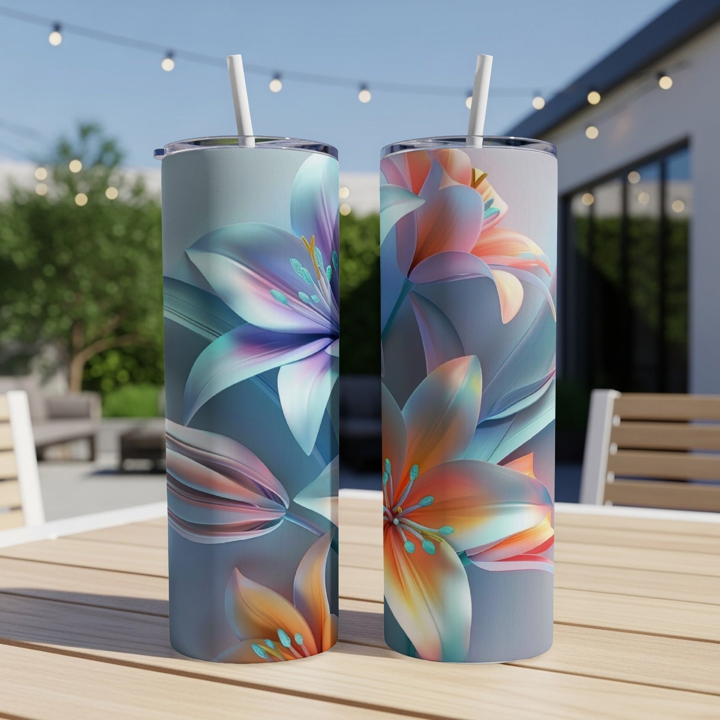 Two tumblers with a floral lily design sit on a table.