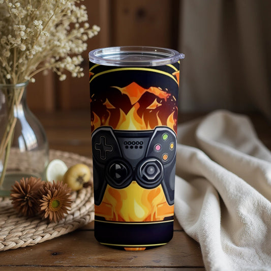 Fiery video game controller graphic tumbler product